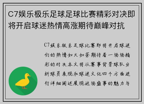 C7娱乐极乐足球足球比赛精彩对决即将开启球迷热情高涨期待巅峰对抗